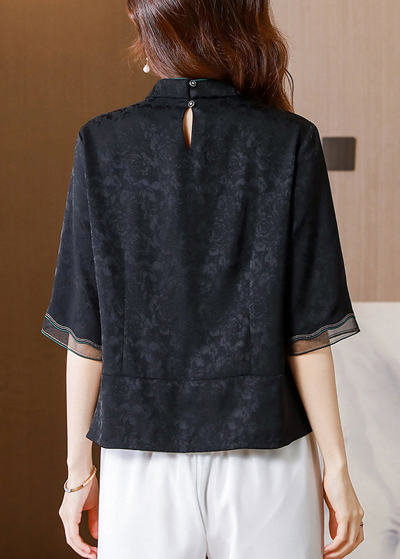 French Black Stand Collar Embroideried Patchwork Silk Shirt Tops Half Sleeve LY0446