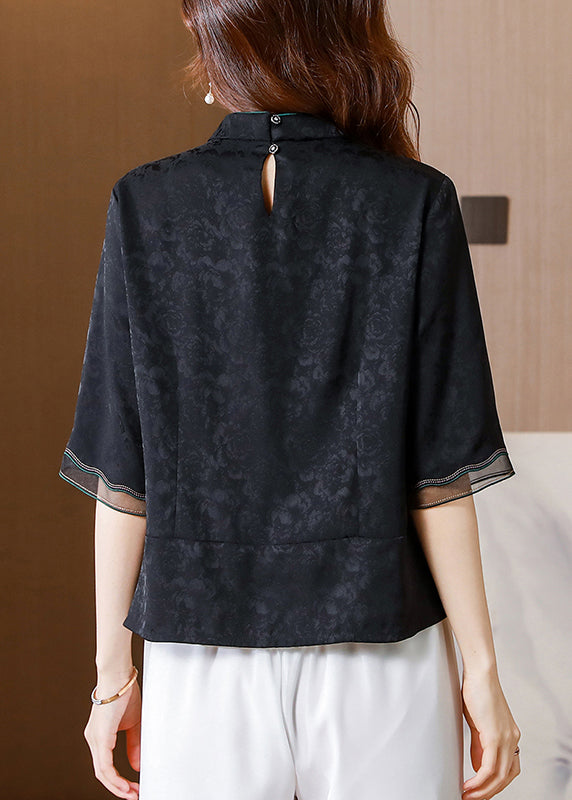 French Black Stand Collar Embroideried Patchwork Silk Shirt Tops Half Sleeve LY0446 - fabuloryshop