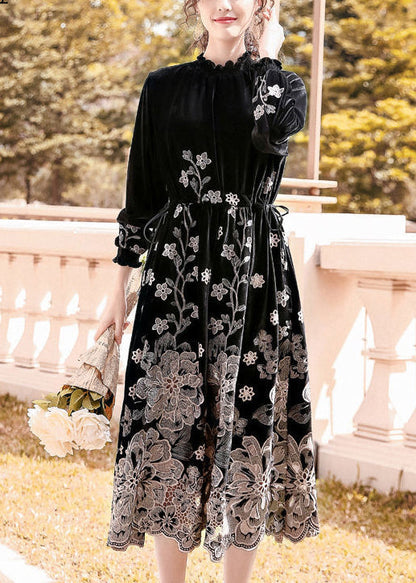 French Black Stand Collar Embroideried Silk Velour Cinched Dresses Spring LY0678 - fabuloryshop