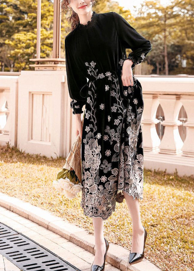 French Black Stand Collar Embroideried Silk Velour Cinched Dresses Spring LY0678 - fabuloryshop