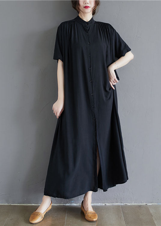 French Black Stand Collar Oversized Cotton Long Dress Summer LY1505 - fabuloryshop