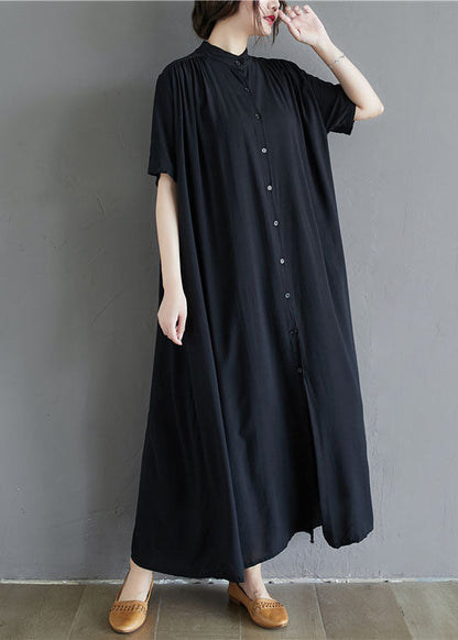 French Black Stand Collar Oversized Cotton Long Dress Summer LY1505 - fabuloryshop