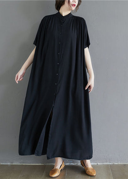 French Black Stand Collar Oversized Cotton Long Dress Summer LY1505 - fabuloryshop