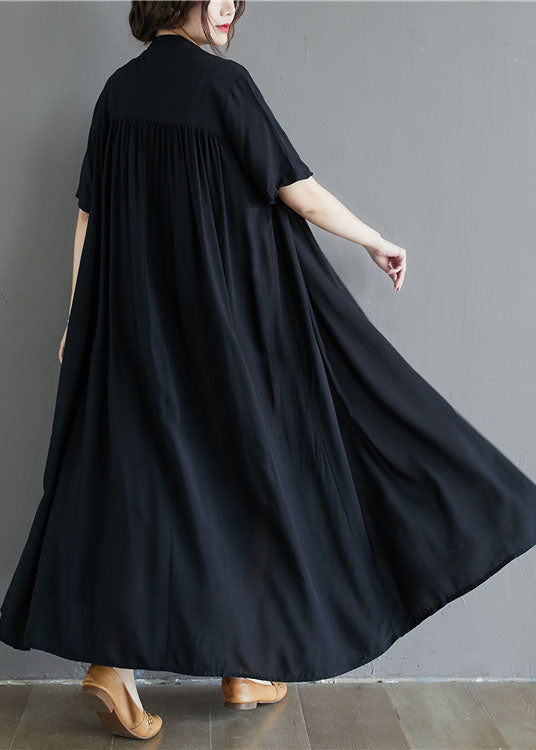 French Black Stand Collar Oversized Cotton Long Dress Summer LY1505 - fabuloryshop