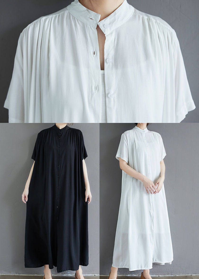 French Black Stand Collar Oversized Cotton Long Dress Summer LY1505 - fabuloryshop