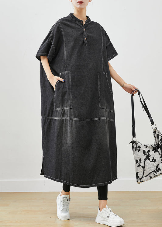 French Black Stand Collar Oversized Denim Holiday Dress Short Sleeve Ada Fashion