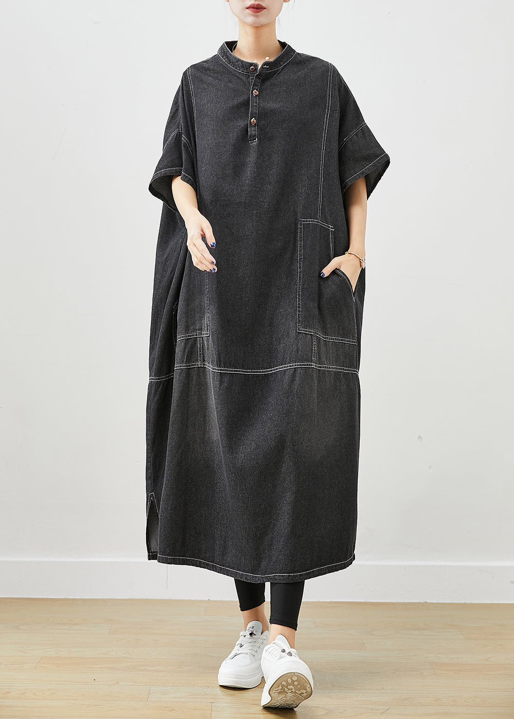 French Black Stand Collar Oversized Denim Holiday Dress Short Sleeve Ada Fashion