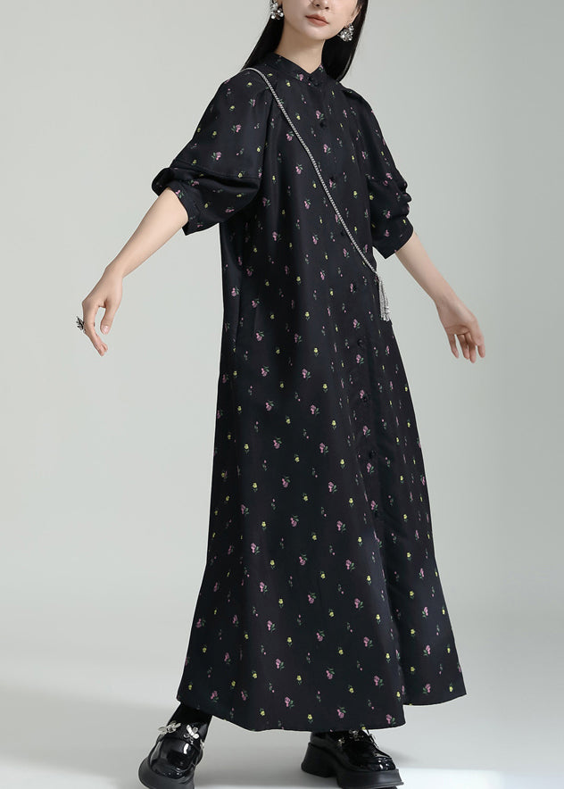 French Black Stand Collar Print Chiffon Shirts Long Dress Summer Ada Fashion