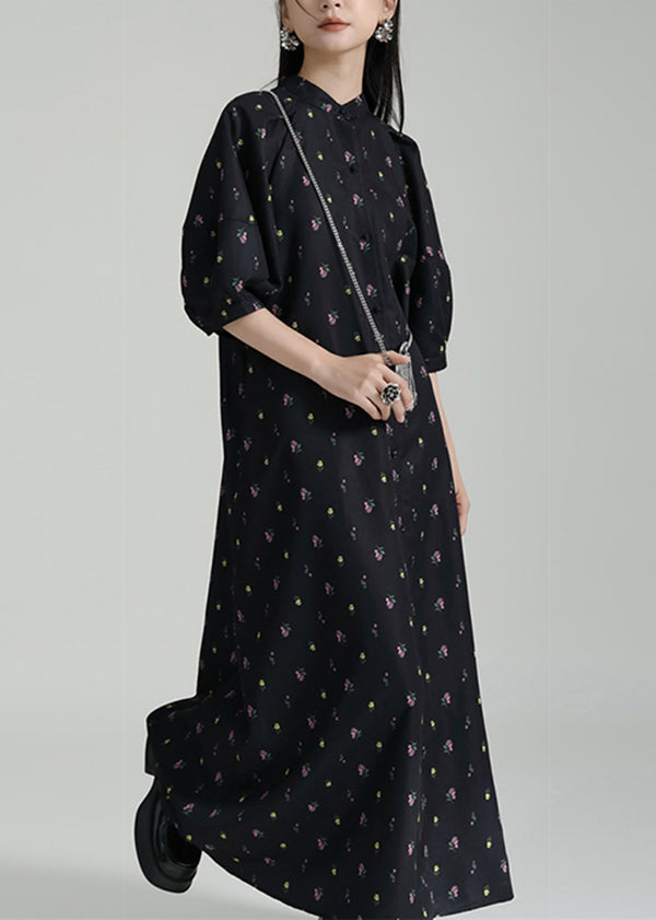 French Black Stand Collar Print Chiffon Shirts Long Dress Summer Ada Fashion