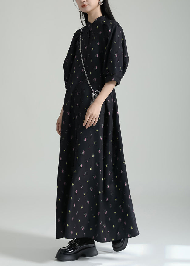 French Black Stand Collar Print Chiffon Shirts Long Dress Summer Ada Fashion