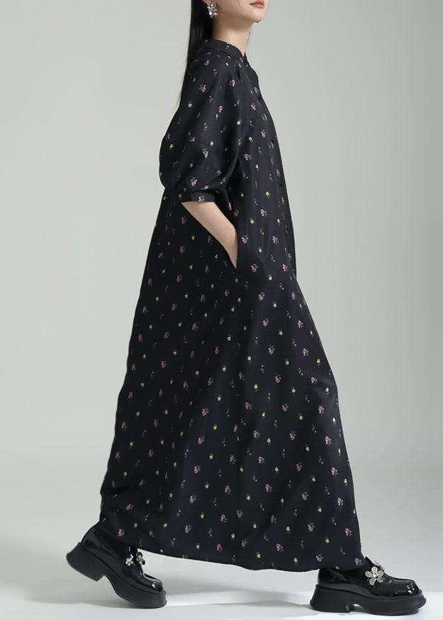 French Black Stand Collar Print Chiffon Shirts Long Dress Summer Ada Fashion