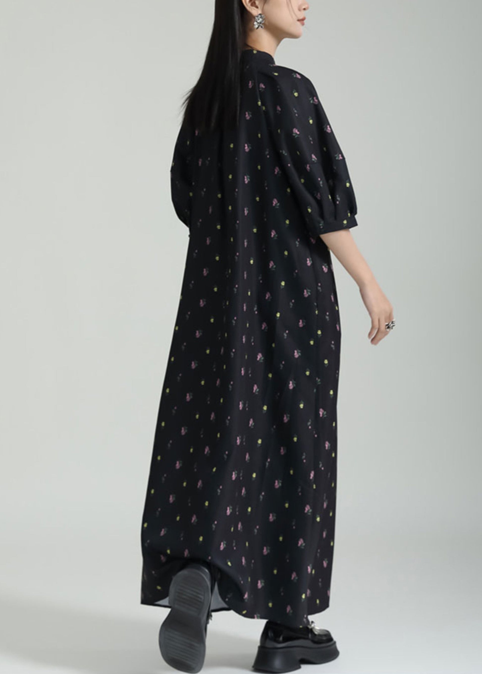 French Black Stand Collar Print Chiffon Shirts Long Dress Summer Ada Fashion