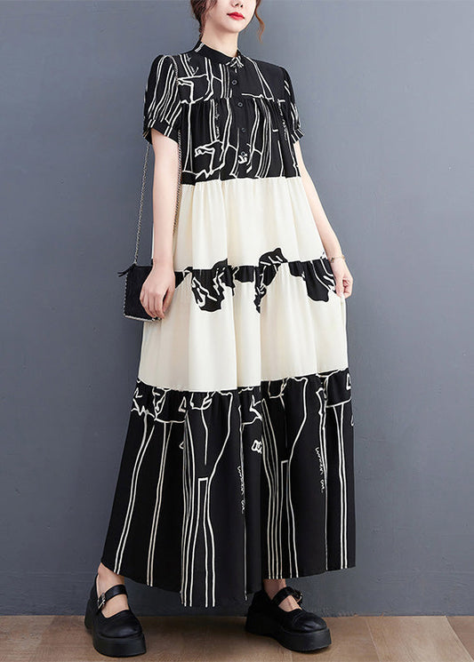 French Black Stand Collar Print Patchwork Long Dress Short Sleeve LY0642 - fabuloryshop