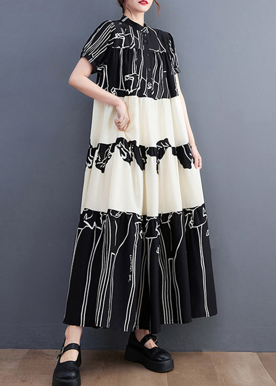 French Black Stand Collar Print Patchwork Long Dress Short Sleeve LY0642 - fabuloryshop