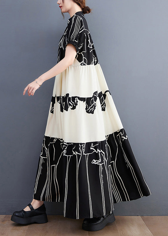 French Black Stand Collar Print Patchwork Long Dress Short Sleeve LY0642