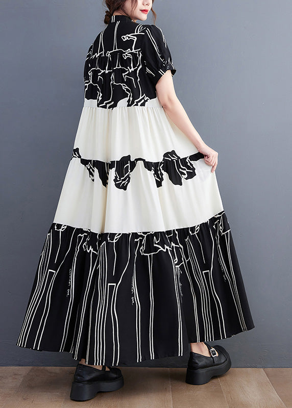 French Black Stand Collar Print Patchwork Long Dress Short Sleeve LY0642