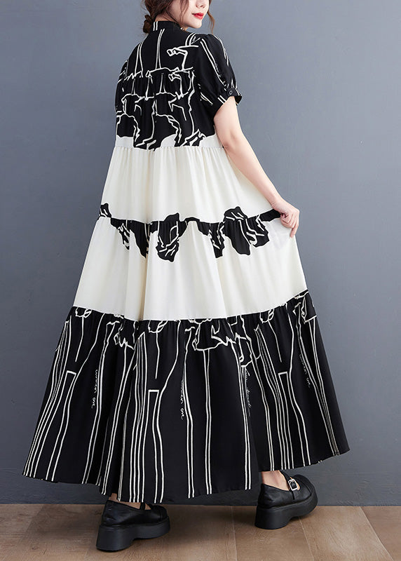 French Black Stand Collar Print Patchwork Long Dress Short Sleeve LY0642 - fabuloryshop