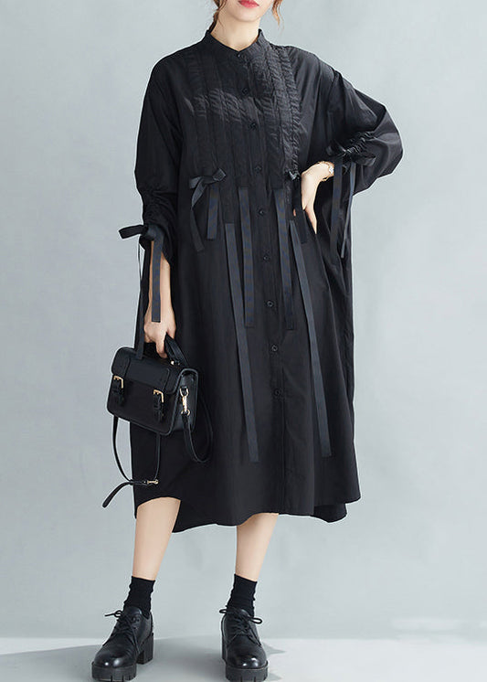 French Black Stand Collar Wrinkled Cinched Bow Cotton Shirt Dress Spring LY2396 - fabuloryshop