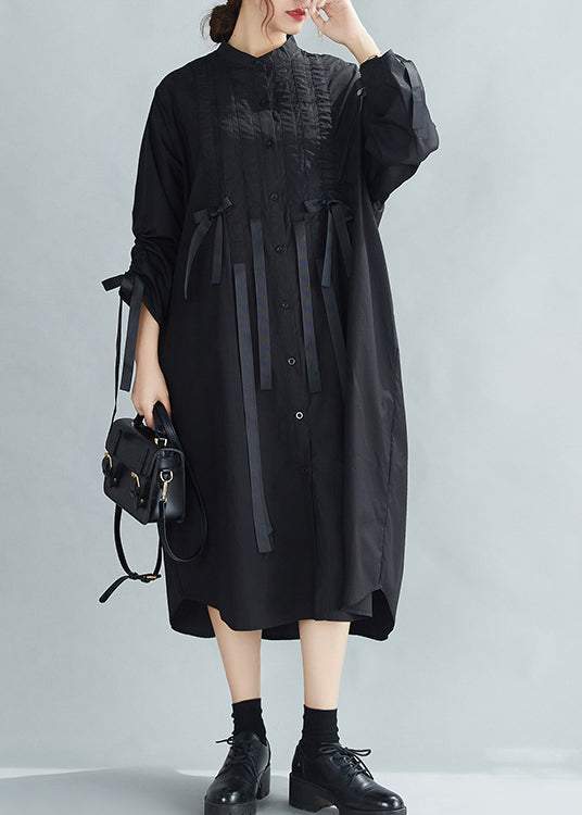 French Black Stand Collar Wrinkled Cinched Bow Cotton Shirt Dress Spring LY2396