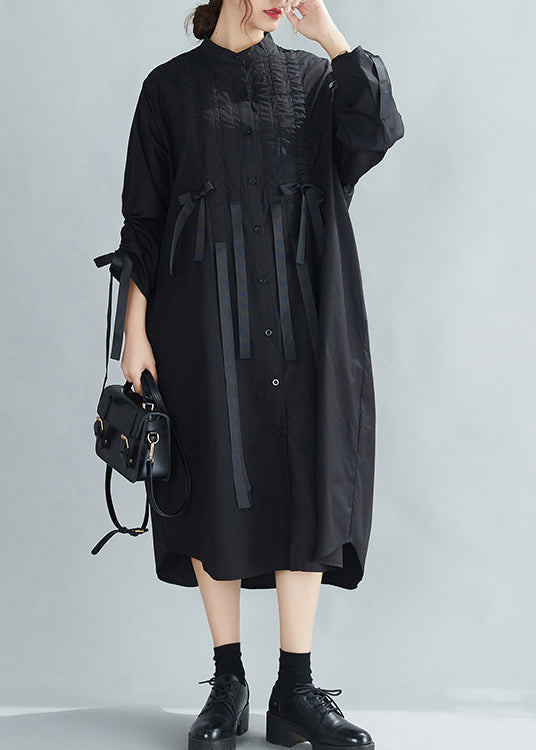 French Black Stand Collar Wrinkled Cinched Bow Cotton Shirt Dress Spring LY2396 - fabuloryshop