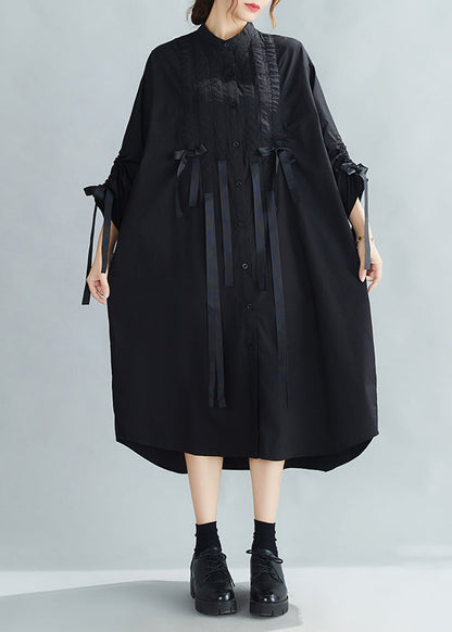 French Black Stand Collar Wrinkled Cinched Bow Cotton Shirt Dress Spring LY2396 - fabuloryshop