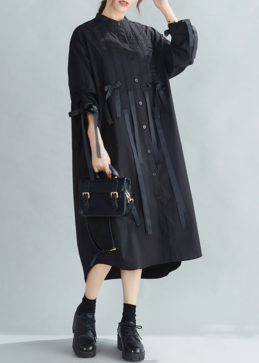 French Black Stand Collar Wrinkled Cinched Bow Cotton Shirt Dress Spring LY2396 - fabuloryshop