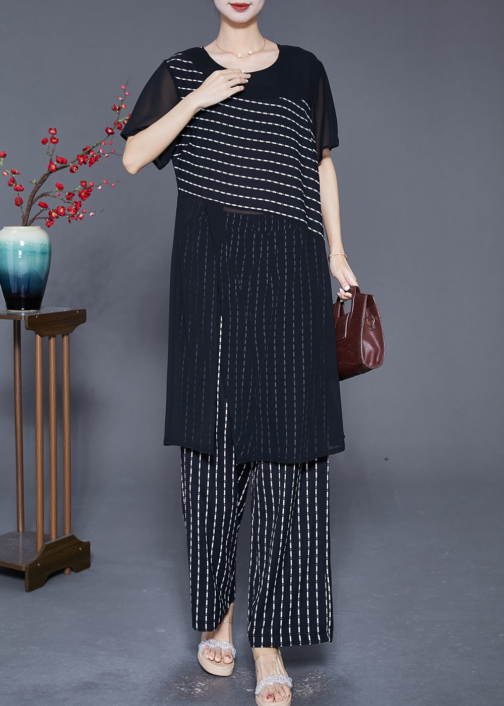French Black Striped Side Open Chiffon Two Pieces Set Summer Ada Fashion