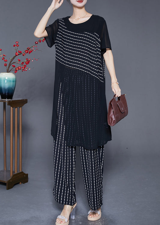 French Black Striped Side Open Chiffon Two Pieces Set Summer Ada Fashion