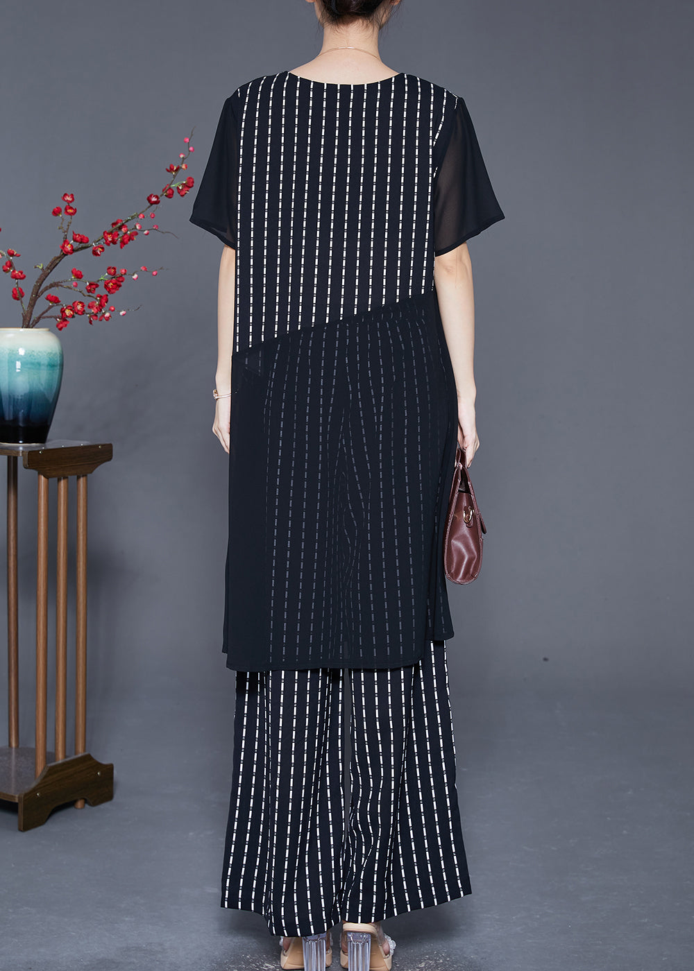 French Black Striped Side Open Chiffon Two Pieces Set Summer Ada Fashion