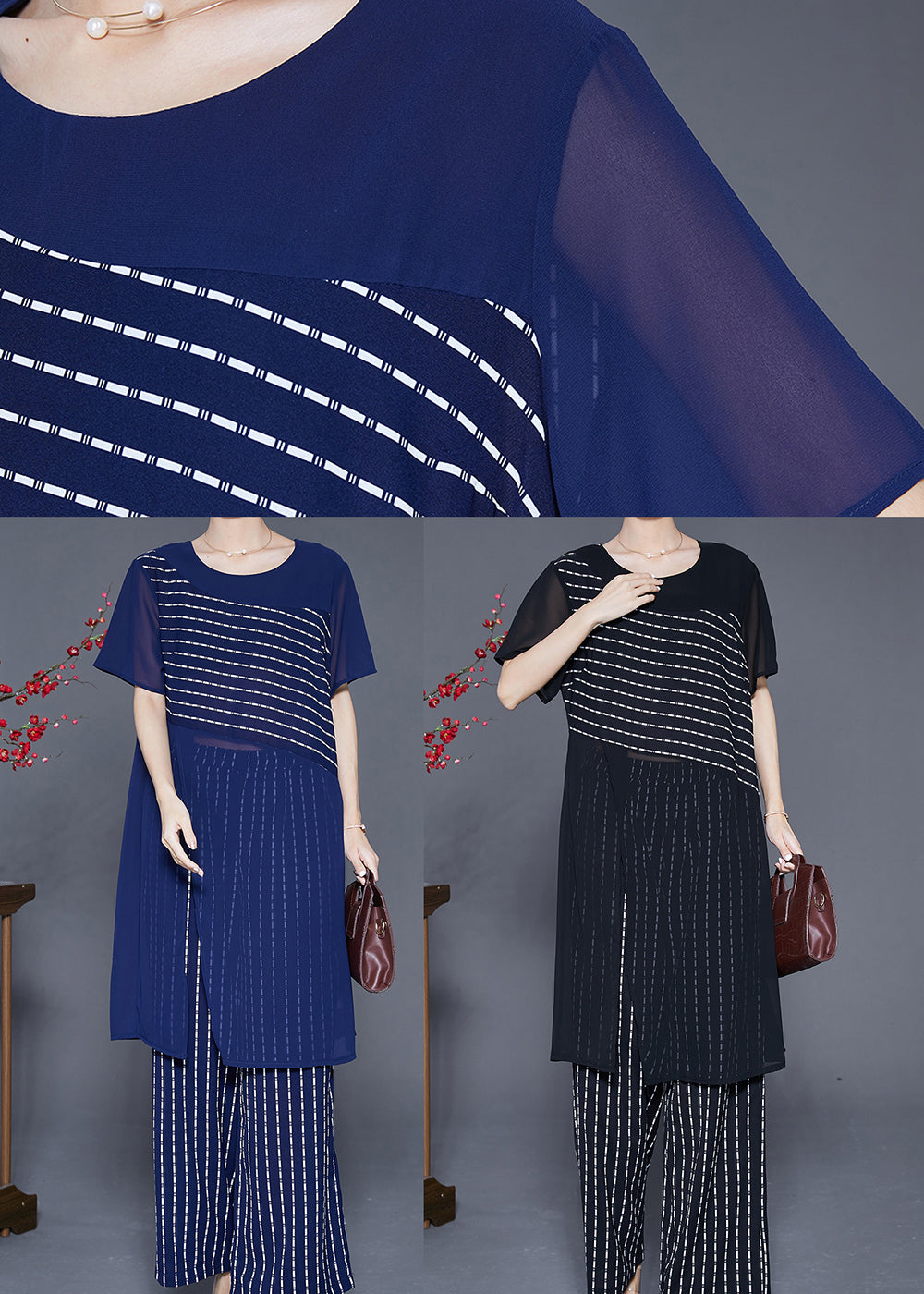 French Black Striped Side Open Chiffon Two Pieces Set Summer Ada Fashion