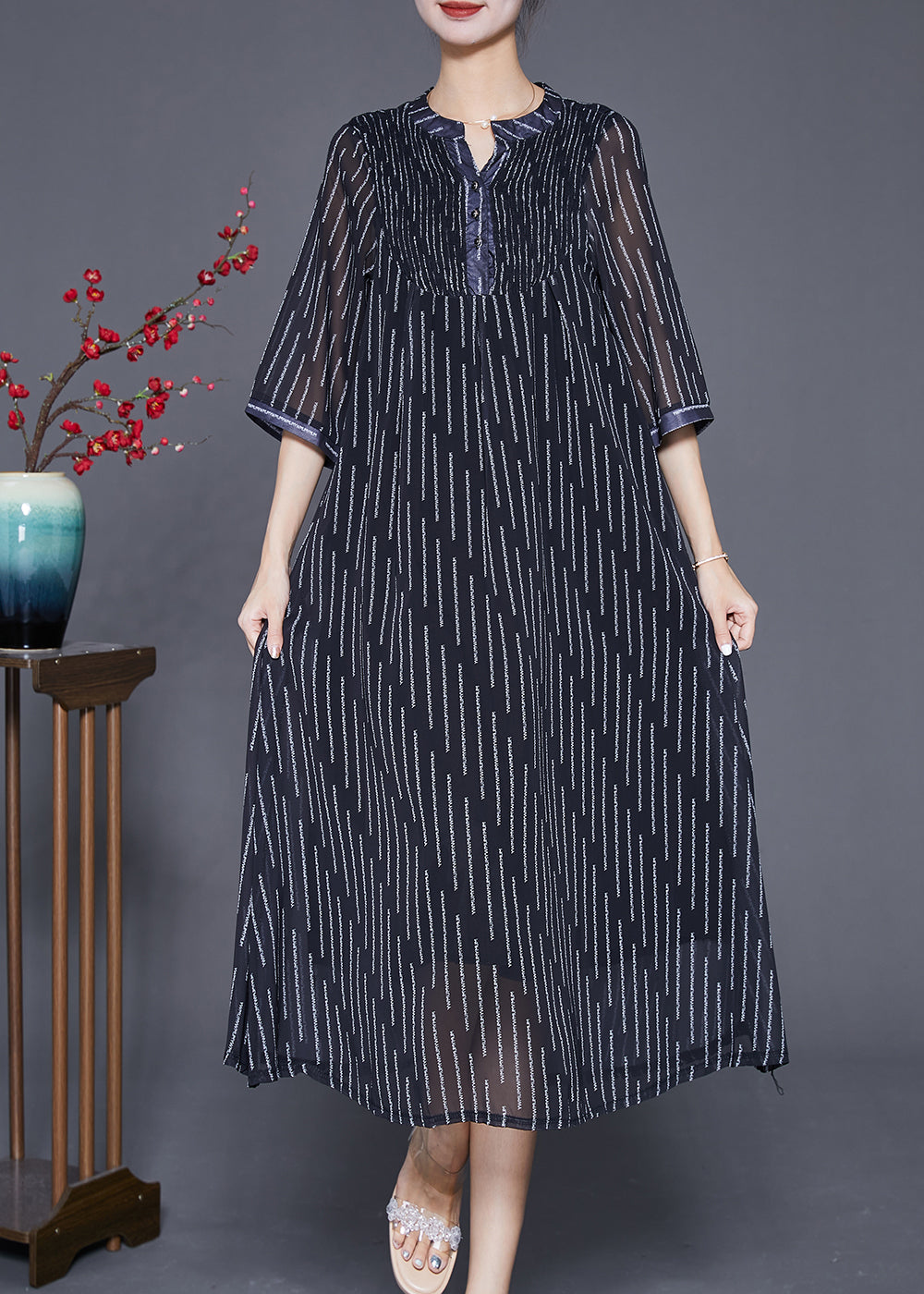 French Black Striped Wrinkled Draping Chiffon Dresses Summer Ada Fashion