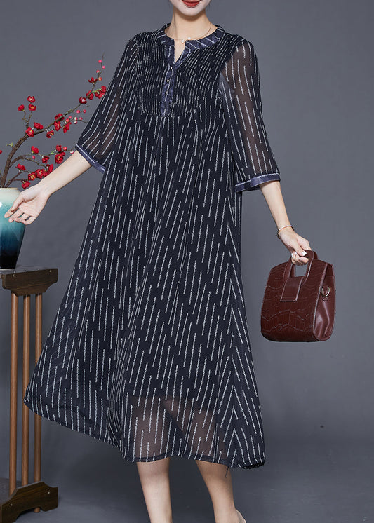 French Black Striped Wrinkled Draping Chiffon Dresses Summer Ada Fashion