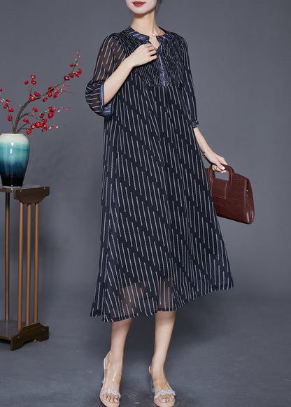 French Black Striped Wrinkled Draping Chiffon Dresses Summer Ada Fashion