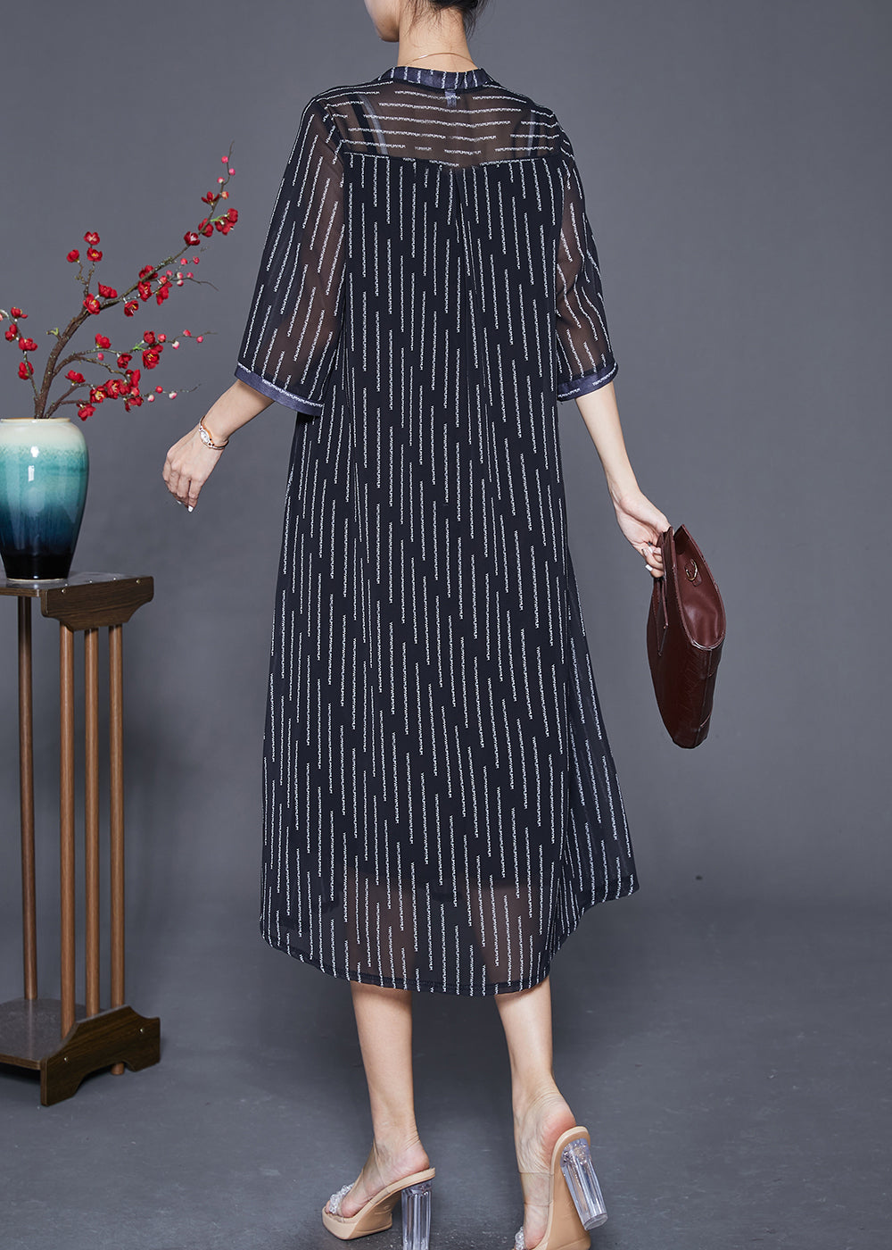 French Black Striped Wrinkled Draping Chiffon Dresses Summer Ada Fashion