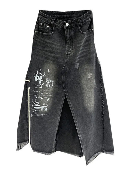 French Black Tasseled Lace Up Pockets Patchwork Denim Skirts Fall Ada Fashion