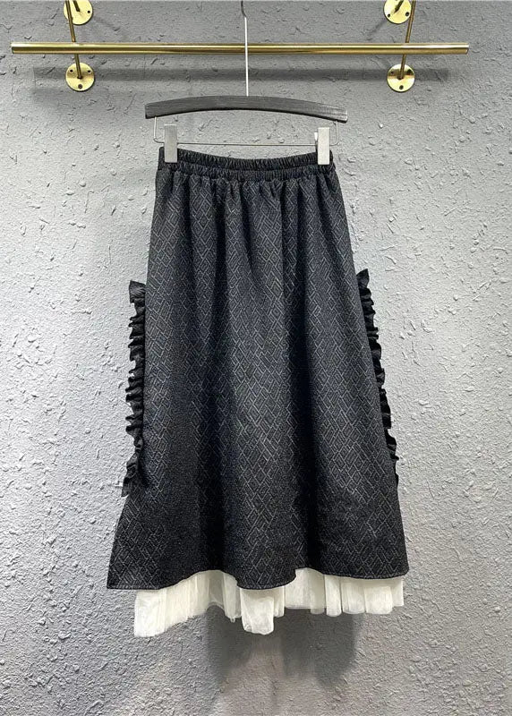 French Black Tulle Patchwork Ruffled Elastic Waist Maxi Skirts Ada Fashion