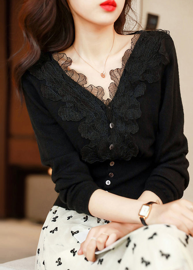 French Black V Neck Button Lace Top