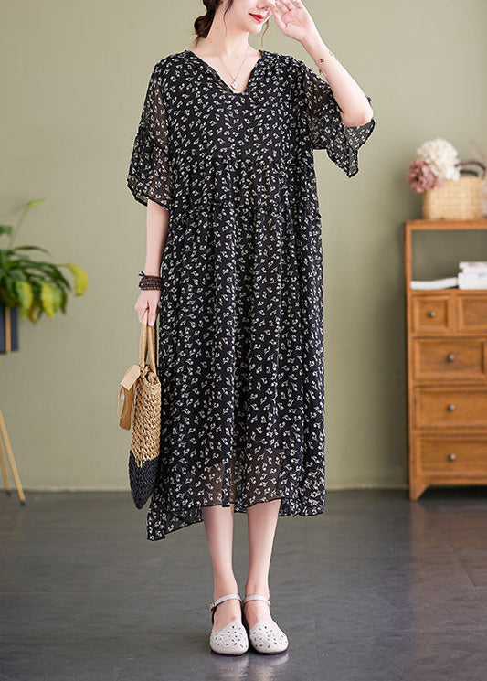 French Black V Neck Hooded Print Chiffon Dress Summer LY1503 - fabuloryshop