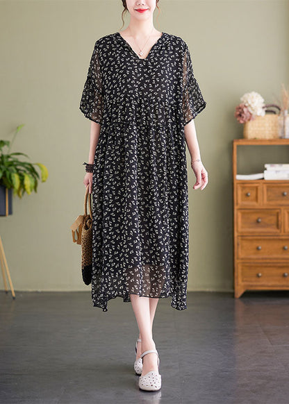 French Black V Neck Hooded Print Chiffon Dress Summer LY1503 - fabuloryshop