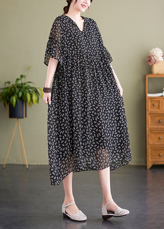 French Black V Neck Hooded Print Chiffon Dress Summer LY1503 - fabuloryshop