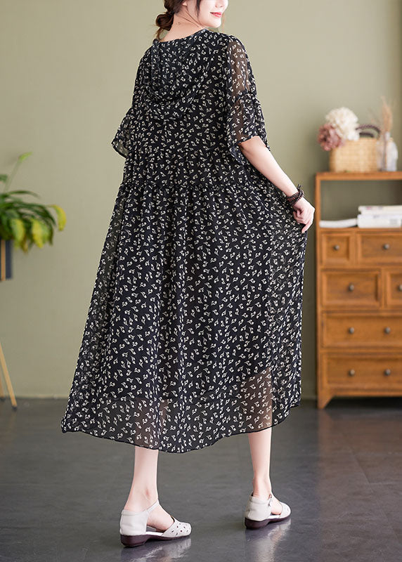 French Black V Neck Hooded Print Chiffon Dress Summer LY1503 - fabuloryshop