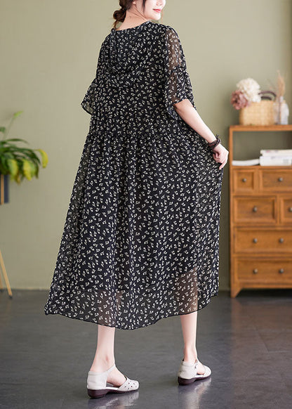 French Black V Neck Hooded Print Chiffon Dress Summer LY1503 - fabuloryshop