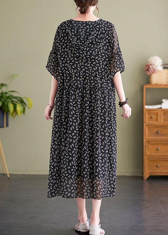 French Black V Neck Hooded Print Chiffon Dress Summer LY1503 - fabuloryshop