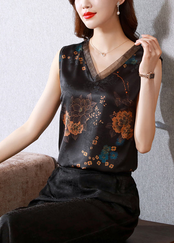 French Black V Neck Organza Patchwork Print Silk Vests Sleeveless LY0459 - fabuloryshop