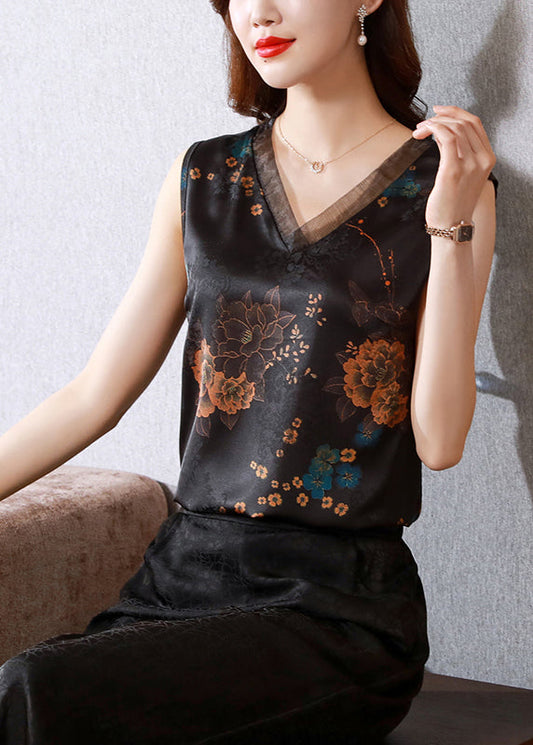 French Black V Neck Organza Patchwork Print Silk Vests Sleeveless LY0459 - fabuloryshop