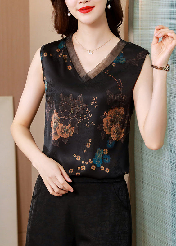 French Black V Neck Organza Patchwork Print Silk Vests Sleeveless LY0459 - fabuloryshop