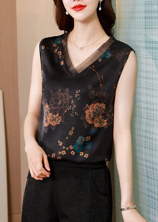 French Black V Neck Organza Patchwork Print Silk Vests Sleeveless LY0459 - fabuloryshop