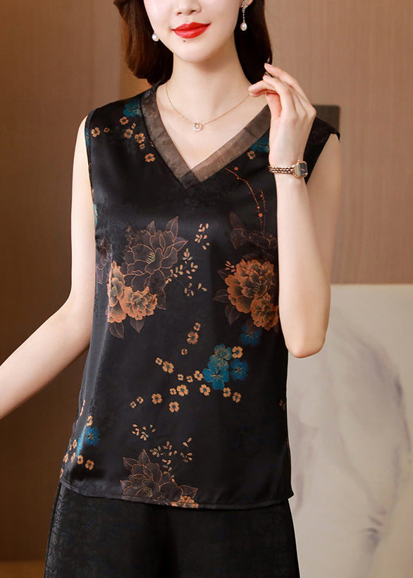 French Black V Neck Organza Patchwork Print Silk Vests Sleeveless LY0459 - fabuloryshop