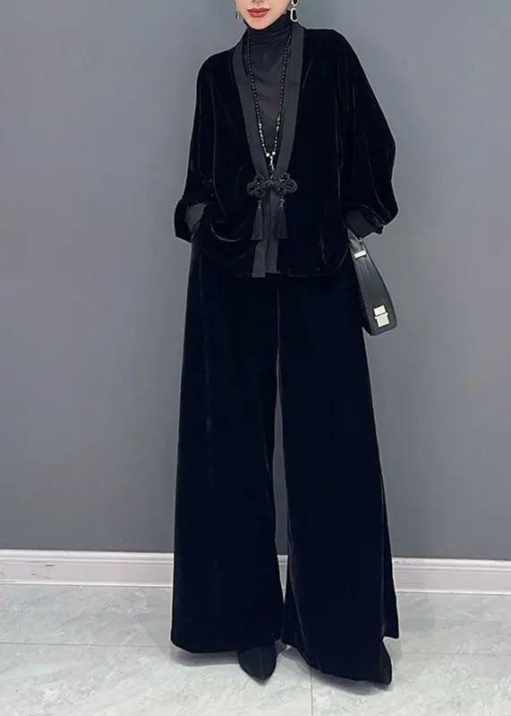 French Black V Neck Patchwork Button Silk Velour Coats And Wide Leg Pants Two Pieces Set Fall Ada Fashion