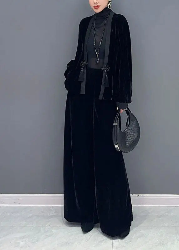 French Black V Neck Patchwork Button Silk Velour Coats And Wide Leg Pants Two Pieces Set Fall Ada Fashion